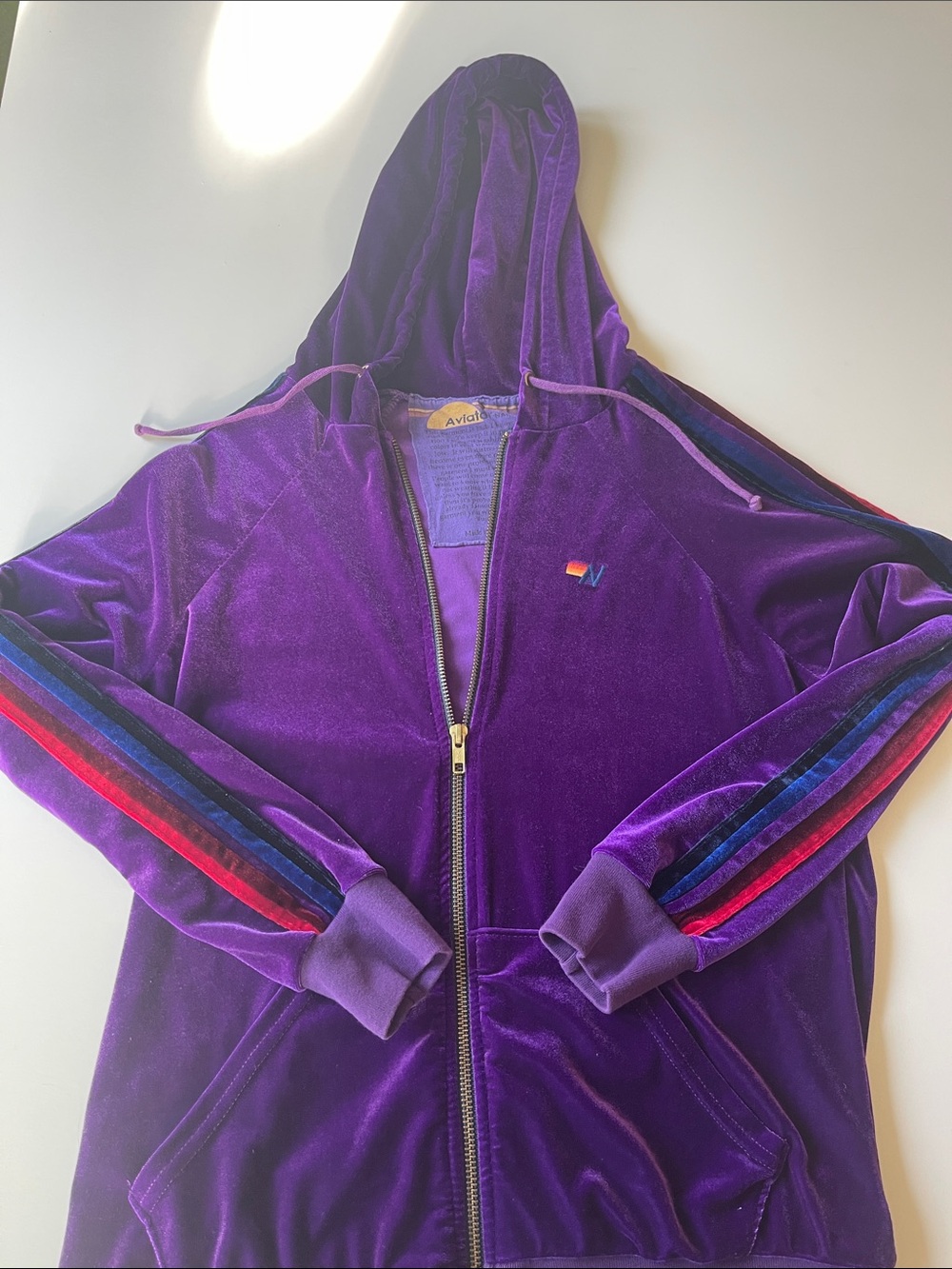 Aviator Nation Purple Velvet Zip Hoodie with Rainbow Sleeve Stripes - Picture 2 of 3